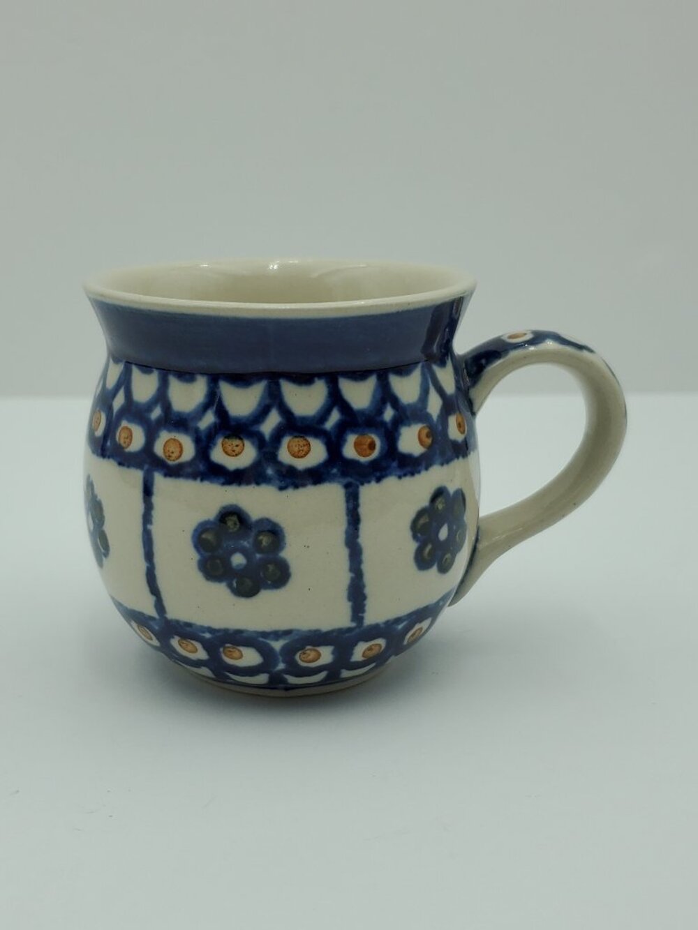 Polish Pottery Blue Green Flowers Brown Dots Small Bubble Mug Small Belly Mug